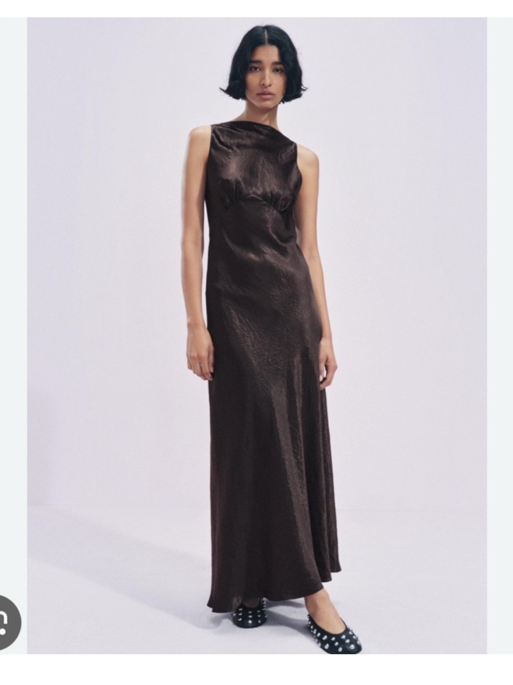 Zara Dark Brown Satin-Look Asymmetric Maxi Dress